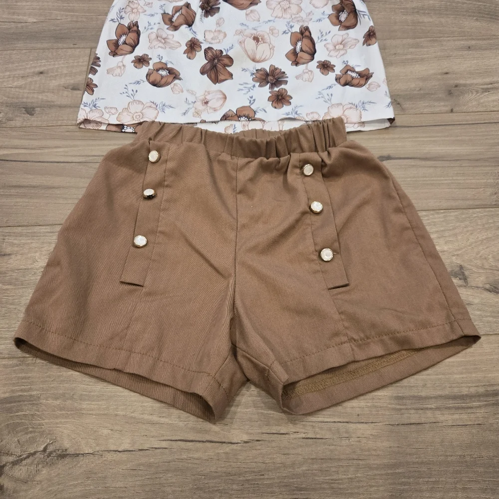 Boho Floral Summer Outfit Set  Sleeveless Top & Brown Shorts Size 5/6
